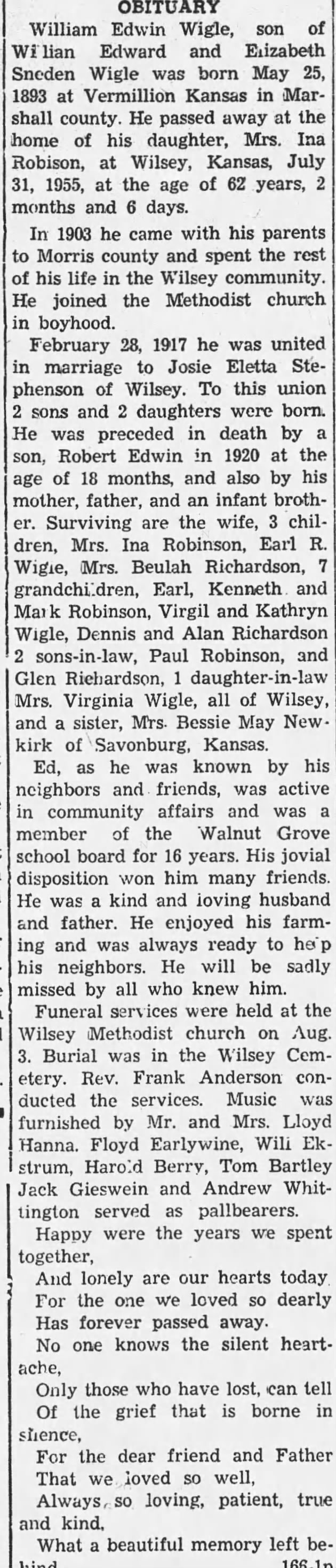 Obituary: William Edwin Wigle, 1893-1955 (Aged 62)
