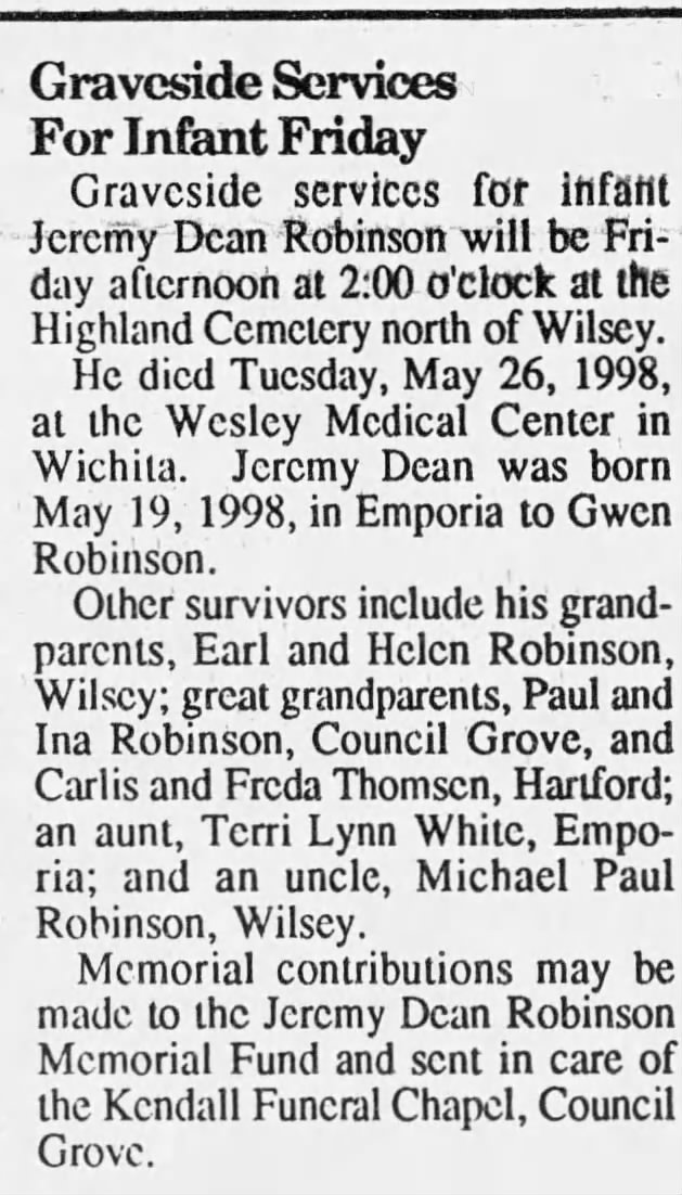 Obituary: Jeremy Dean Robinson, 1998-1998