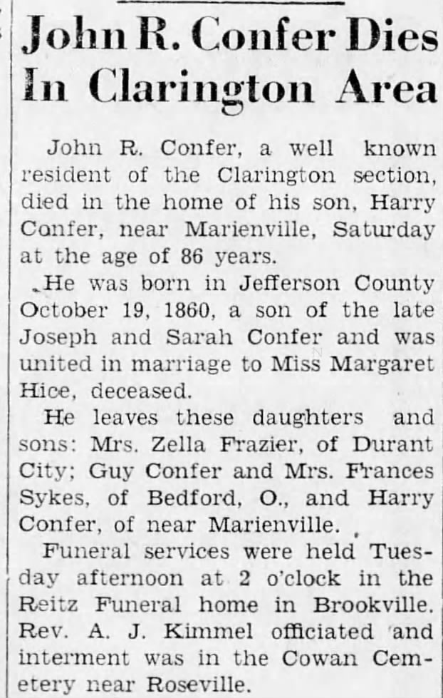 Obituary: John R. Confer (Aged 86)