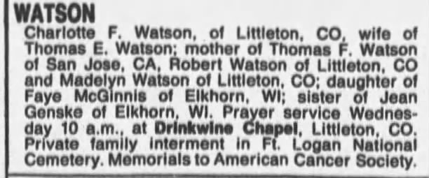 Obituary: Charlotte F. WATSON