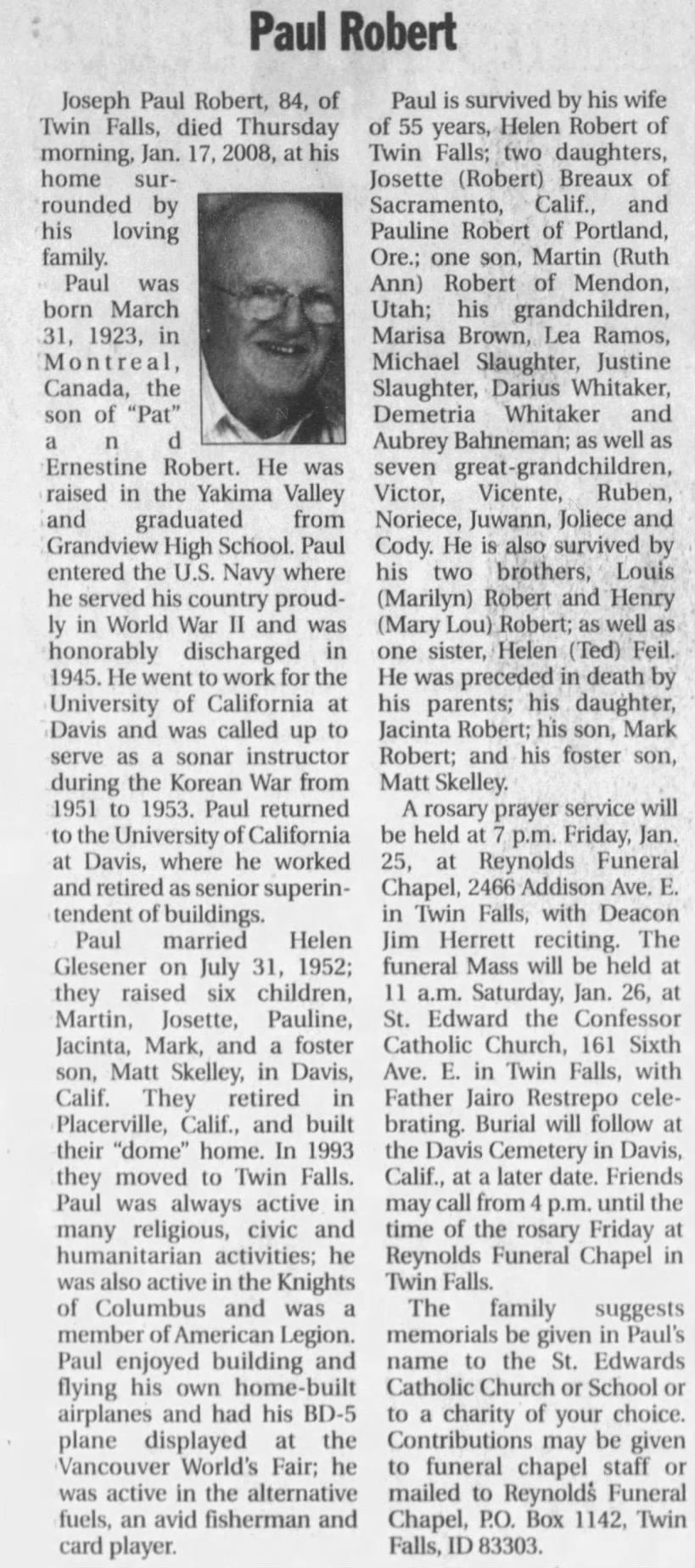 Obituary: Paul Robert, 1923-2008 (Aged 84)
