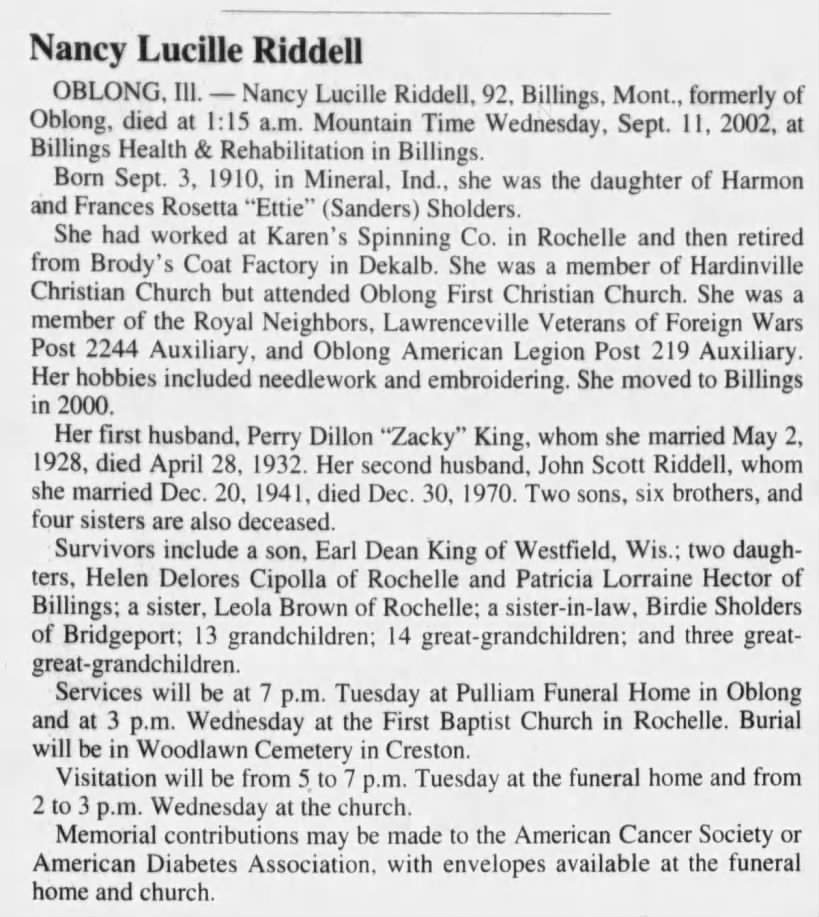 Obituary: Nancy Lucille Riddell (King) nee Sholders