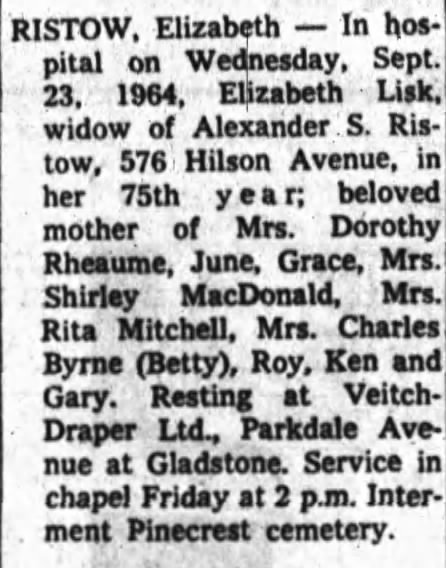 Obituary - Elizabeth Ristow nee Lisk