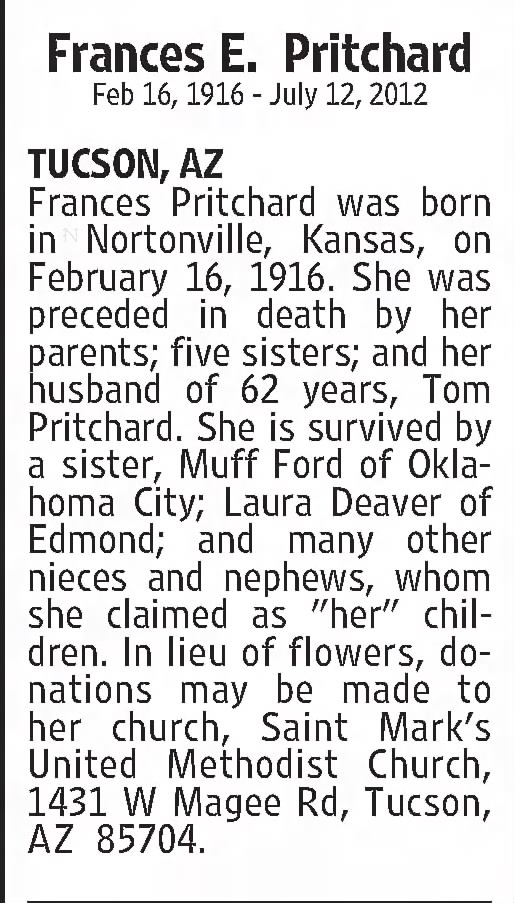 Obituary: Frances E. Pritchard (1916 - 2012)