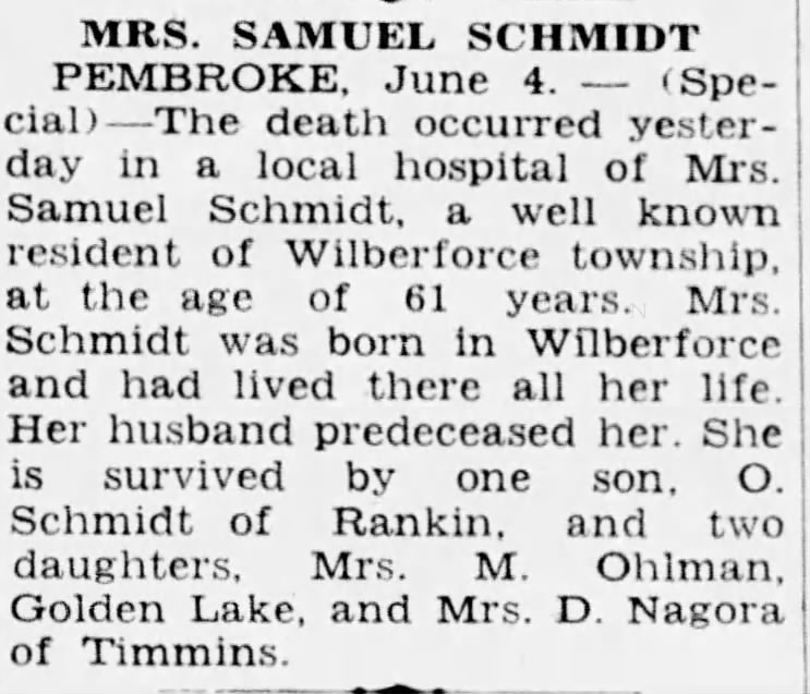Obituary: Mrs. Samuel Schmidt nee Emma Schutt