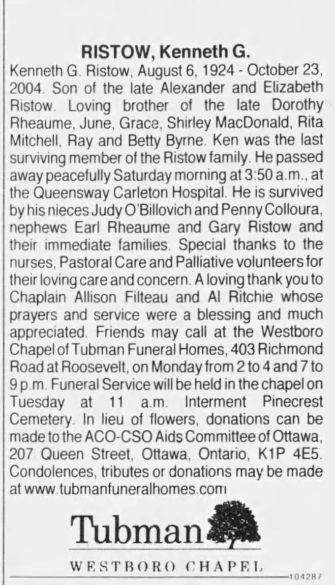 Obituary:Kenneth G. RISTOW, 1924-2004