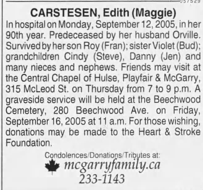 Obituary: Edith CARSTESEN (Aged 90)