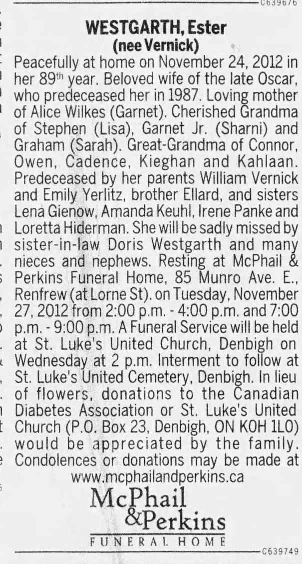 Obituary for Ester WESTGARTH nee Vernick (Aged 88)