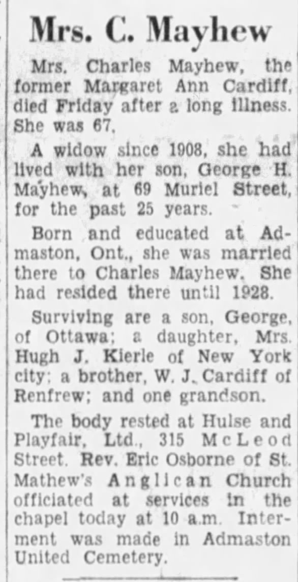 Obituary: Margaret Ann Mayhew nee Cardiff (Aged 67)