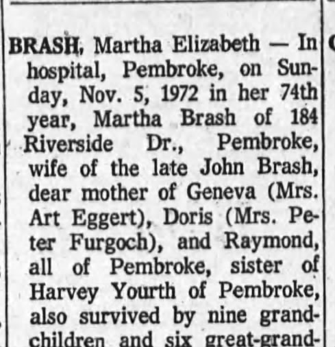 Obituary - Martha Elizabeth Brash nee Yourth