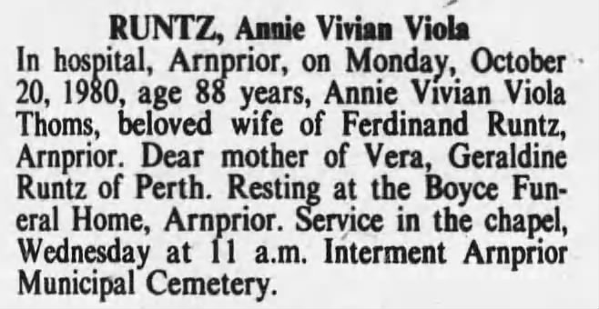 Obituary: Annie Vivian Viola RUNTZ Viola (Aged 88)