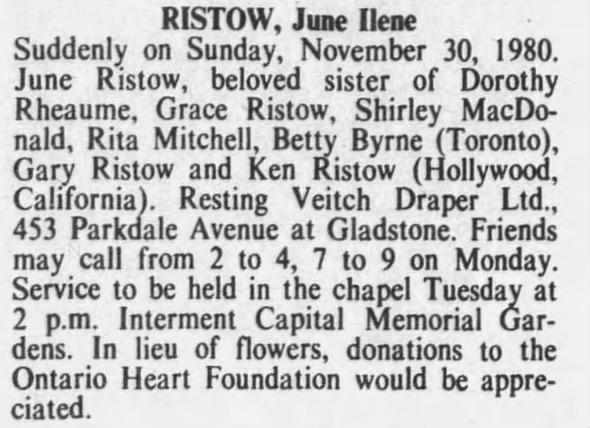 Obituary: June Ilene RISTOW