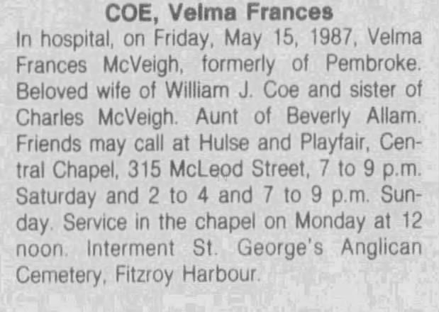 Obituary: Velma Frances Coe née McVeigh
