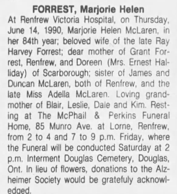 Obituary: Marjorie Helen FORREST nee McLaren