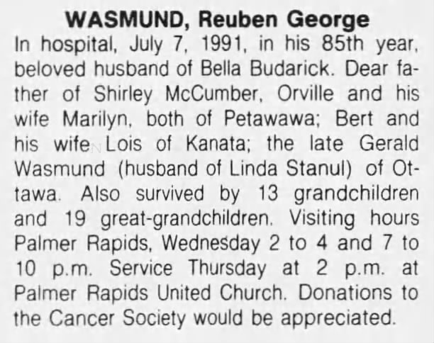 Obituary: Reuben George WASMUND (Aged 85)