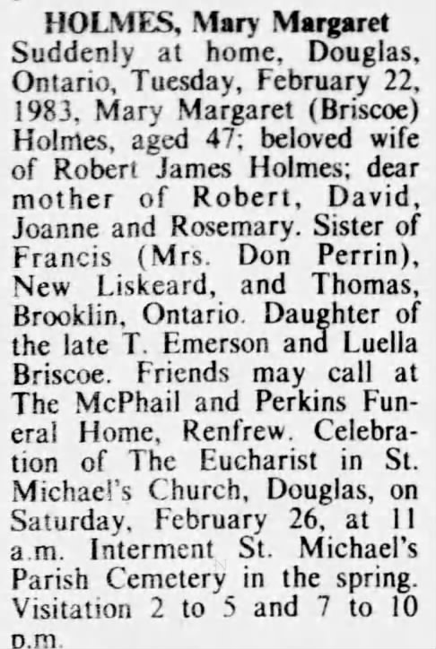 Obituary: Mary Margaret HOLMES nee Briscoe