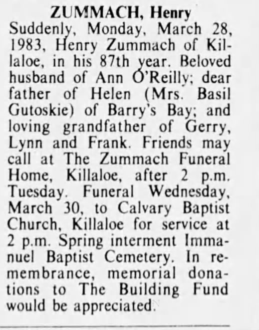 Obituary for Henry ZUMMACH (Aged 86)