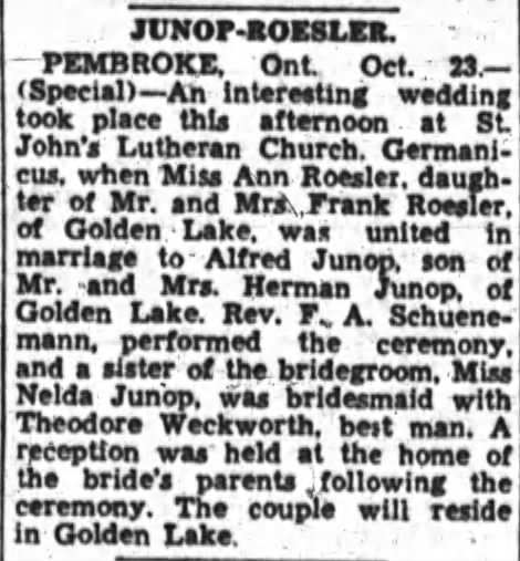Marriage: Alfred Junop & Anne Roesler