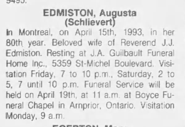 Obituary: Augusta Edmiston née Schlievert