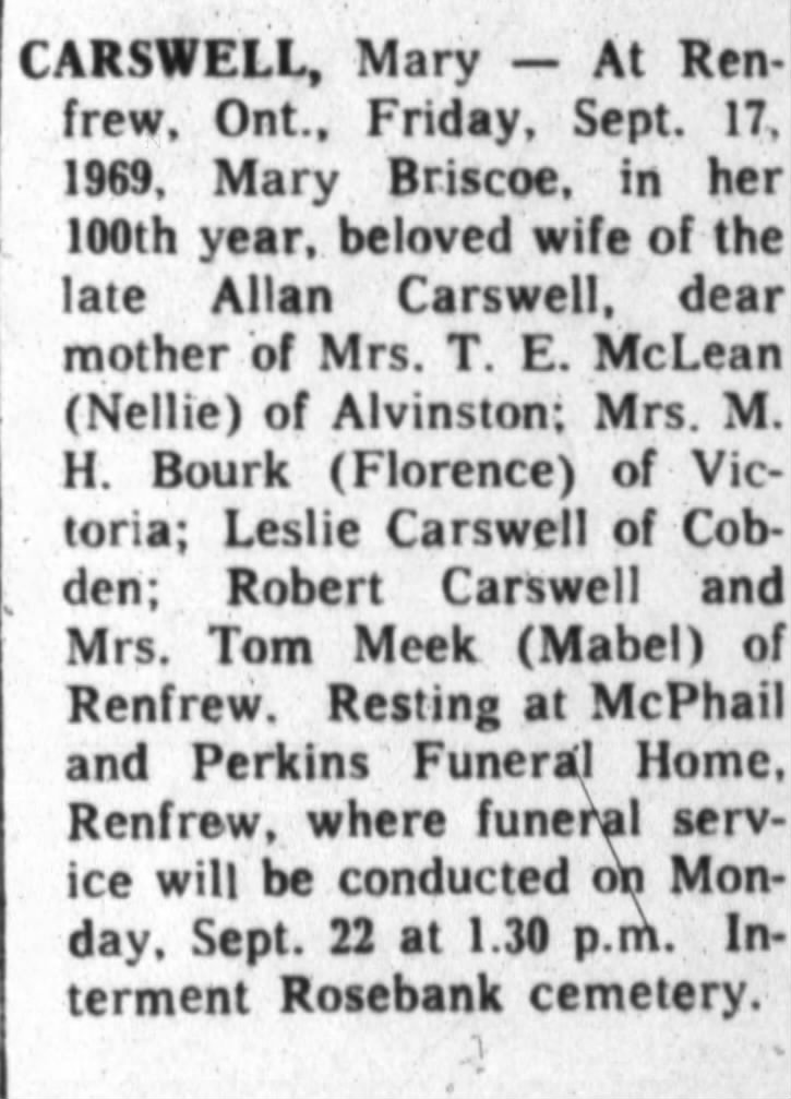 Obituary: Mary Carswell nee Briscoe