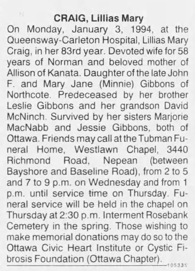 Obituary: Lillias Mary Craig née Gibbons