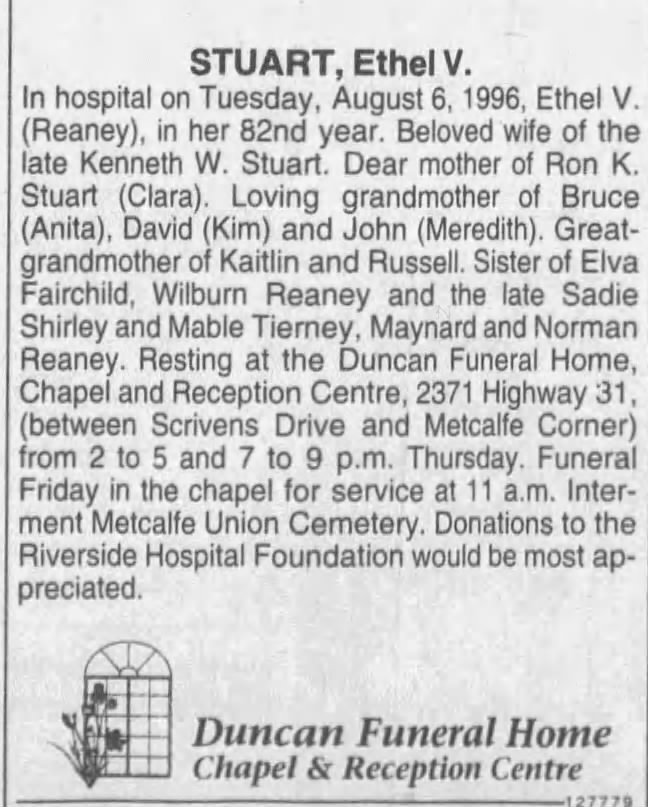 Obituary: Ethel V. Stuart née Reaney