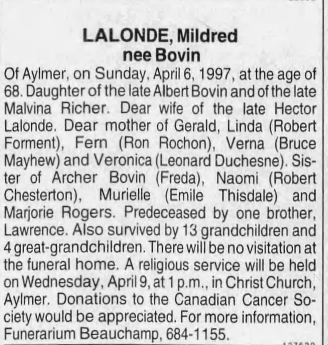 Obituary: Mildred LALONDE née Bovin (Aged 68)