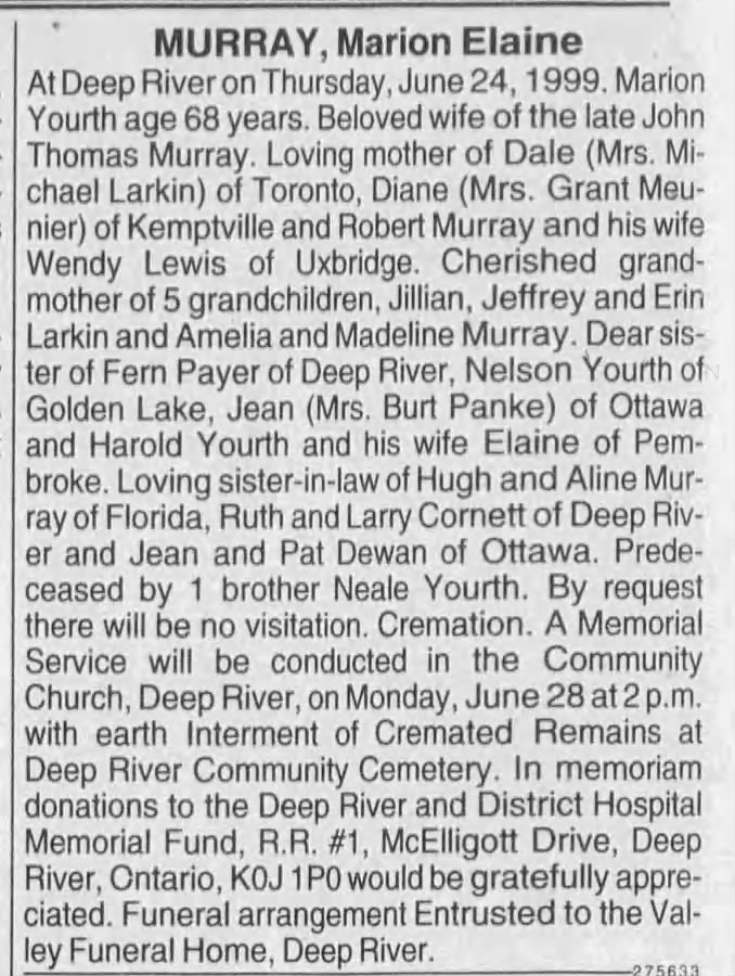 Obituary: Marion Elaine Murray nee Yourth