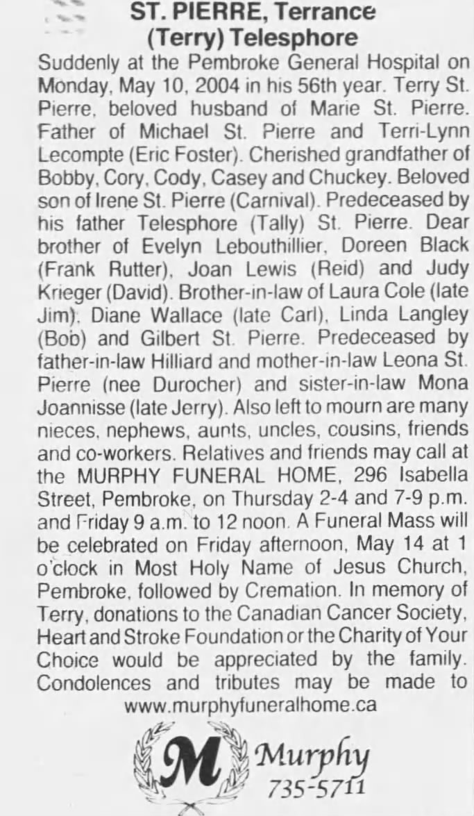Obituary: Terrance PIERRE Telesphore (Aged 55)