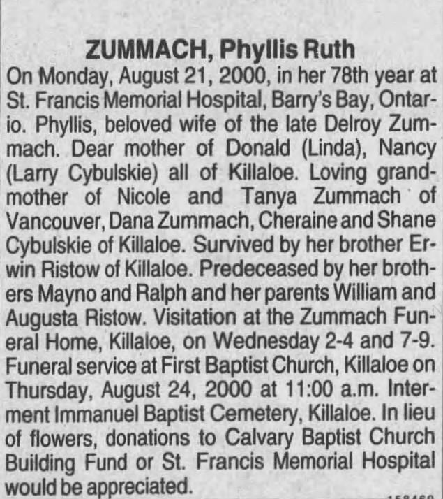 Obituary: Phyllis Ruth ZUMMACH (Aged 78)
