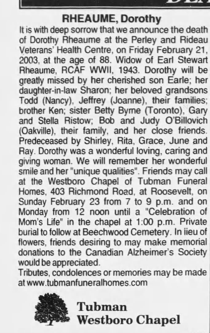 Obituary: Dorothy RHEAUME (Aged 88)