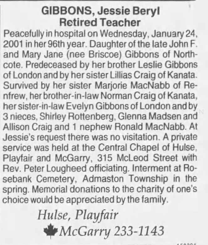 Obituary: Jessie Beryl GIBBONS 