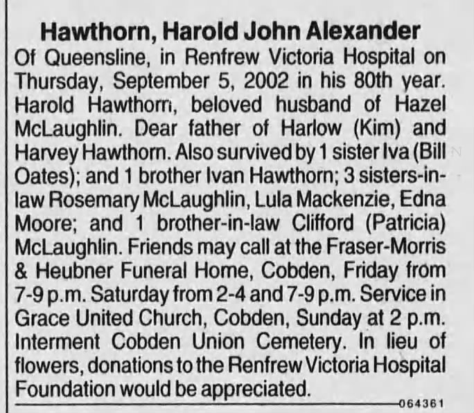 Obituary: Harold John Alexander Hawthorn