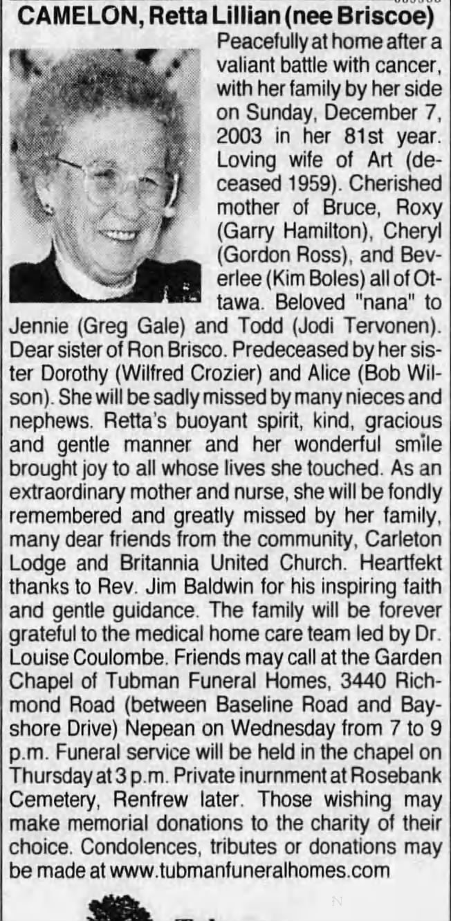 Obituary: Retta CAMELON nee Briscoe
