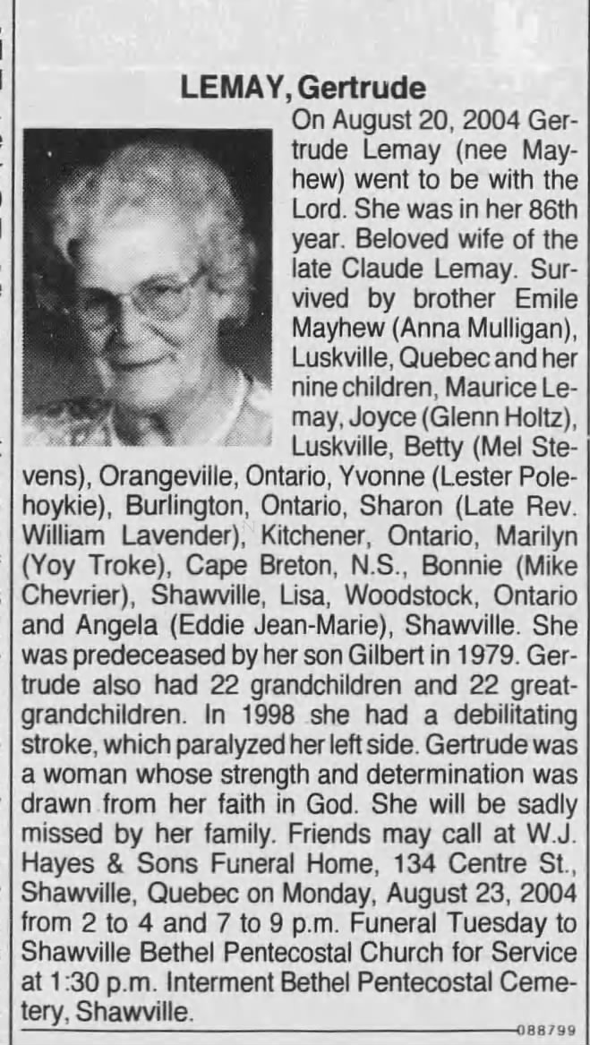 Obituary: Gertrude LEMAY (Aged 86)