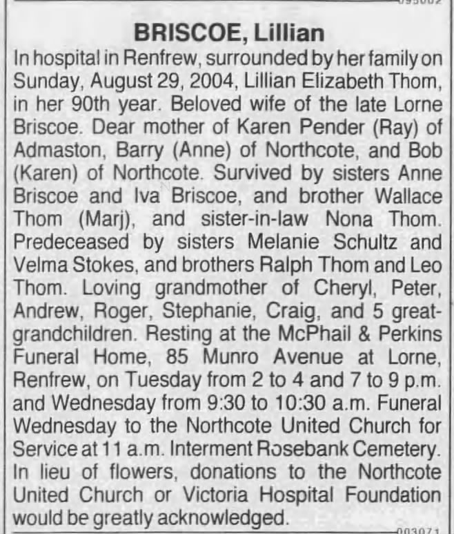 Obituary: Lillian Elizabeth BRISCOE nee Thom (Aged 89)