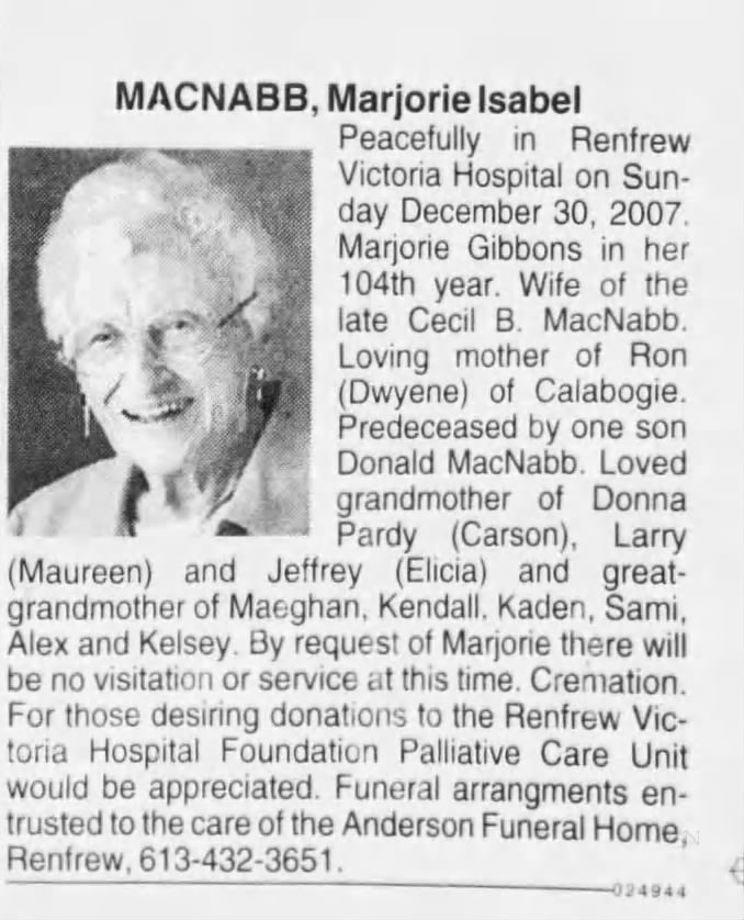 Obituary: Marjorie Isabel MACNABB nee Gibbons