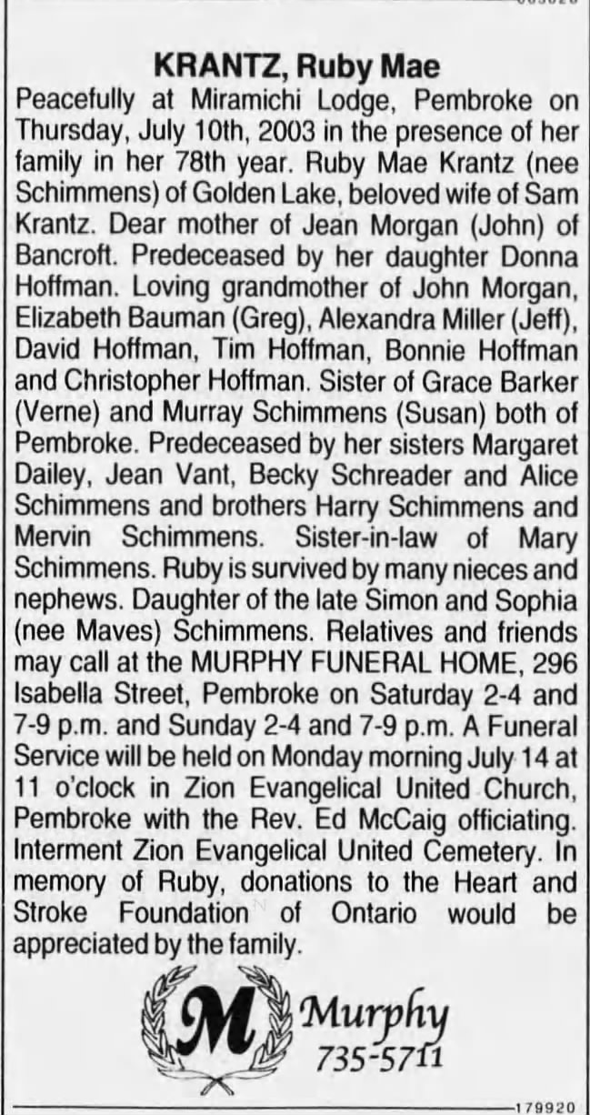 Obituary: Ruby Mae KRANTZ nee Schimmens (Aged 77)