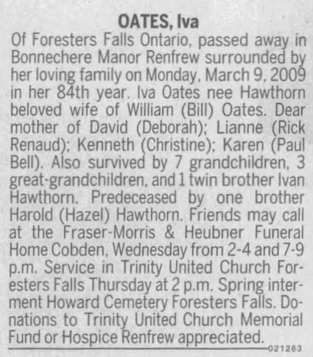 Obituary: Iva Oates nee Hawthorn