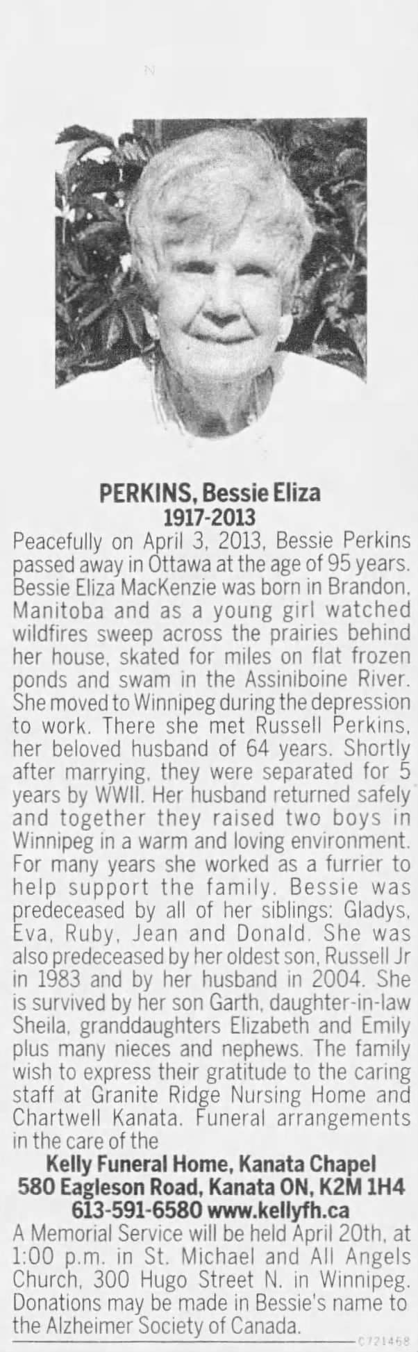Obituary: Bessie Eliza PERKINS (Aged 95)