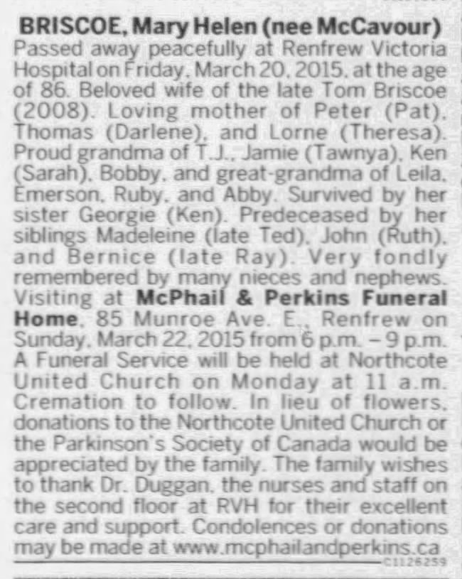 Obituary: Mary Helen Briscoe née McCavour