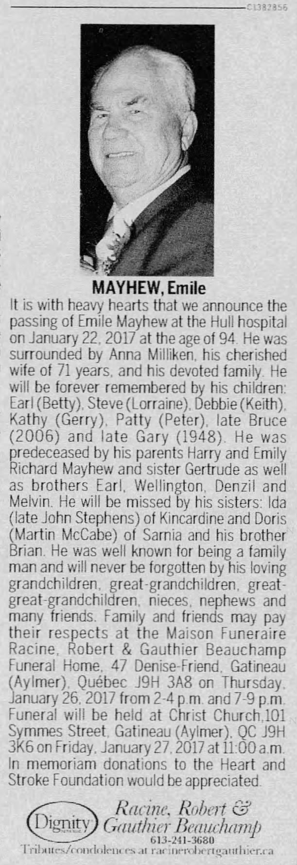 Obituary: Emile MAYHEW (Aged 94)