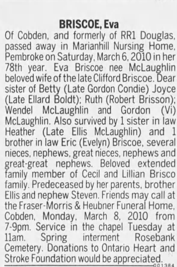 Obituary: Eva BRISCOE nee McLaughlin