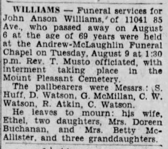 Obituary: John Anson Williams (Aged 69)