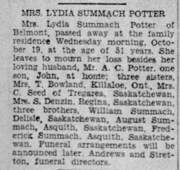 Obituary: Lydia Potter née Summach