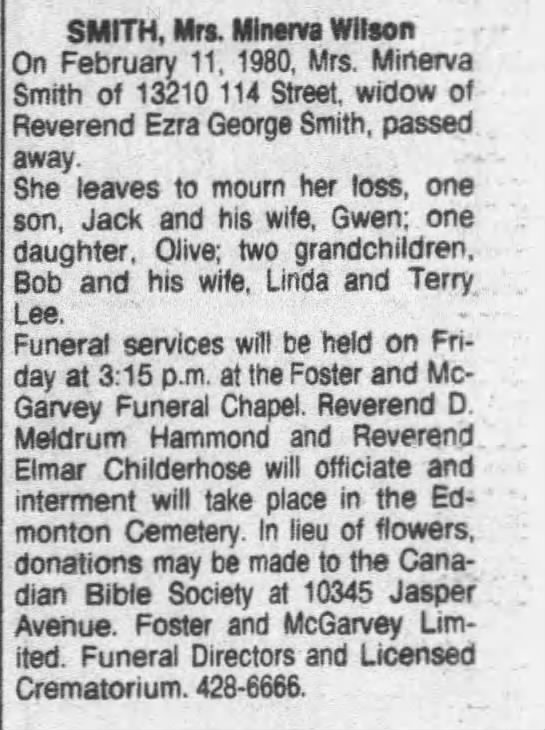 Obituary: Minerva SMITH Wilson