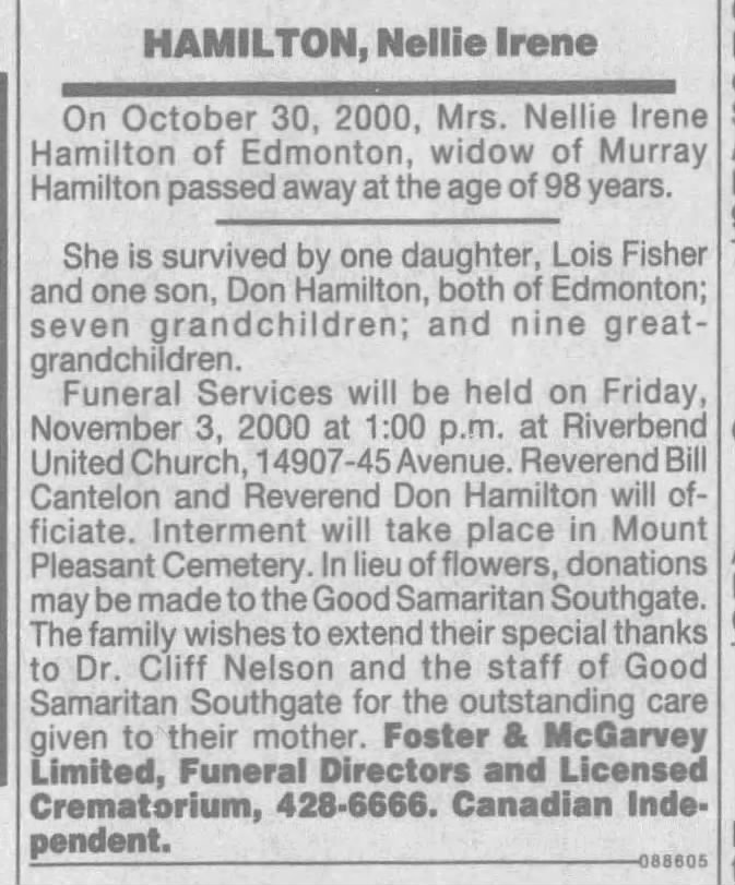 Obituary: Nellie I. Hamilton