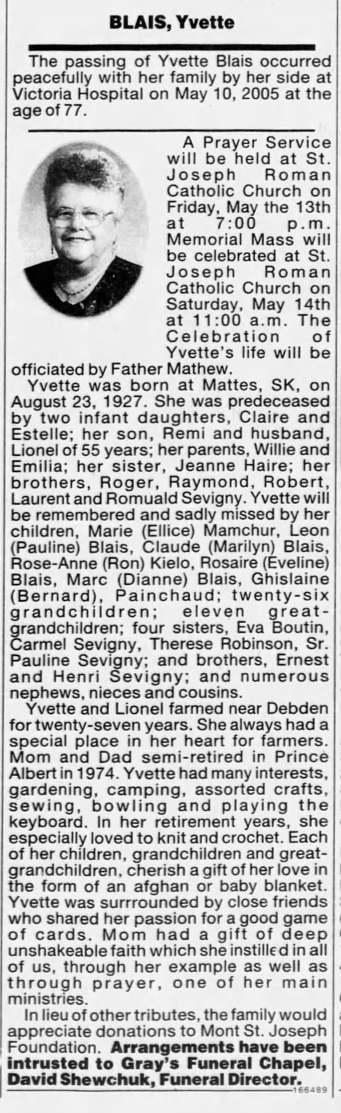 Obituary: Yvette Blais née  Sevigny