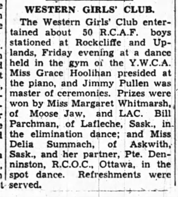 Western Girls' Club entertain RCAF Boys - including Della Summach of Askwith (s/b Asquith)