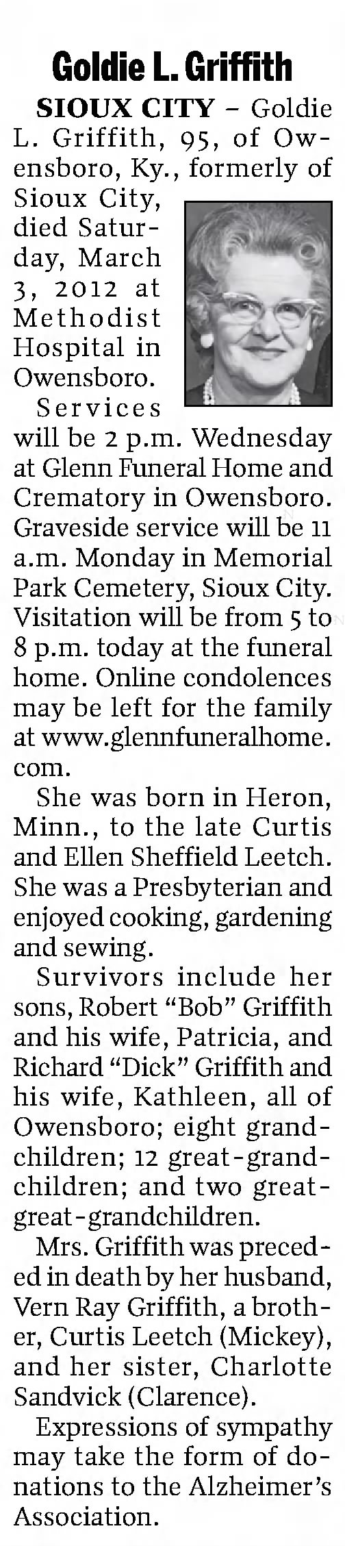 Obituary: Goldie L. Griffith nee Leetch (Aged 95)